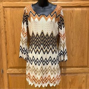 Mechant boho zig zag crochet dress with bell sleeves, size small